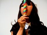Amazingly brunette dilettante British legal age teenager honey Natalia Blue sucking a long lollipop with lust