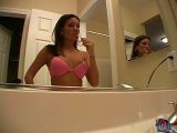 Hot brunette legal age teenager in pink lingeria Kate Krush brushing teeth in the mirror