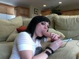 Raven haired teen ex-girlfriend Andi sucking a rubber rod with lust on the couch